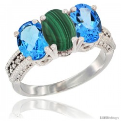 14K White Gold Natural Malachite & Swiss Blue Topaz Sides Ring 3-Stone 7x5 mm Oval Diamond Accent