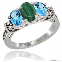 14K White Gold Natural Malachite & Swiss Blue Topaz Ring 3-Stone Oval with Diamond Accent