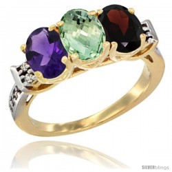 10K Yellow Gold Natural Amethyst, Green Amethyst & Garnet Ring 3-Stone Oval 7x5 mm Diamond Accent