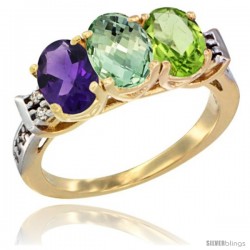 10K Yellow Gold Natural Amethyst, Green Amethyst & Peridot Ring 3-Stone Oval 7x5 mm Diamond Accent