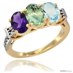 10K Yellow Gold Natural Amethyst, Green Amethyst & Aquamarine Ring 3-Stone Oval 7x5 mm Diamond Accent