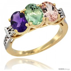 10K Yellow Gold Natural Amethyst, Green Amethyst & Morganite Ring 3-Stone Oval 7x5 mm Diamond Accent