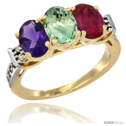 10K Yellow Gold Natural Amethyst, Green Amethyst & Ruby Ring 3-Stone Oval 7x5 mm Diamond Accent