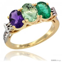 10K Yellow Gold Natural Amethyst, Green Amethyst & Emerald Ring 3-Stone Oval 7x5 mm Diamond Accent