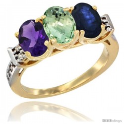 10K Yellow Gold Natural Amethyst, Green Amethyst & Blue Sapphire Ring 3-Stone Oval 7x5 mm Diamond Accent