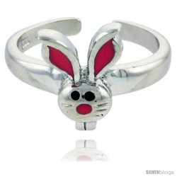 Sterling Silver Child Size Rabbit Head Ring, w/ Pink Enamel Design, 7/16" (11 mm) wide