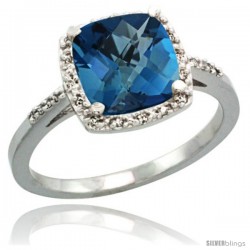 Sterling Silver Diamond Natural London Blue Topaz Ring 2.08 ct Cushion cut 8 mm Stone 1/2 in wide