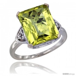 10K White Gold Natural Lemon Quartz Ring Emerald-shape 12x10 Stone Diamond Accent