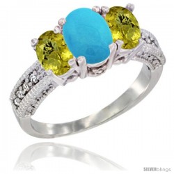 10K White Gold Ladies Oval Natural Turquoise 3-Stone Ring with Lemon Quartz Sides Diamond Accent