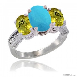 10K White Gold Ladies Natural Turquoise Oval 3 Stone Ring with Lemon Quartz Sides Diamond Accent