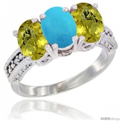 10K White Gold Natural Turquoise & Lemon Quartz Sides Ring 3-Stone Oval 7x5 mm Diamond Accent