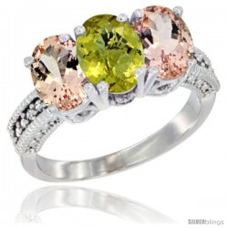 14K White Gold Natural Lemon Quartz & Morganite Sides Ring 3-Stone Oval 7x5 mm Diamond Accent