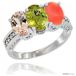 14K White Gold Natural Morganite, Lemon Quartz & Coral Ring 3-Stone Oval 7x5 mm Diamond Accent