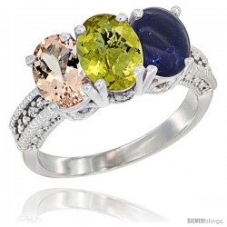 14K White Gold Natural Morganite, Lemon Quartz & Lapis Ring 3-Stone Oval 7x5 mm Diamond Accent