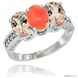 14K White Gold Natural Coral & Morganite Sides Ring 3-Stone Oval 7x5 mm Diamond Accent