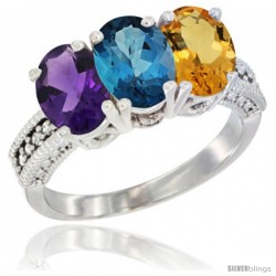 10K White Gold Natural Amethyst, London Blue Topaz & Citrine Ring 3-Stone Oval 7x5 mm Diamond Accent