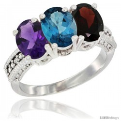 10K White Gold Natural Amethyst, London Blue Topaz & Garnet Ring 3-Stone Oval 7x5 mm Diamond Accent