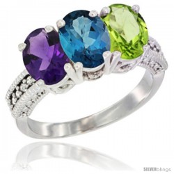 10K White Gold Natural Amethyst, London Blue Topaz & Peridot Ring 3-Stone Oval 7x5 mm Diamond Accent