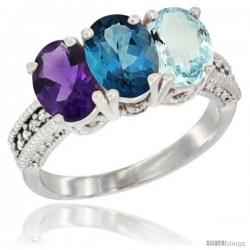 10K White Gold Natural Amethyst, London Blue Topaz & Aquamarine Ring 3-Stone Oval 7x5 mm Diamond Accent