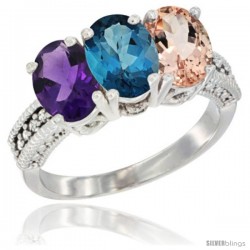 10K White Gold Natural Amethyst, London Blue Topaz & Morganite Ring 3-Stone Oval 7x5 mm Diamond Accent