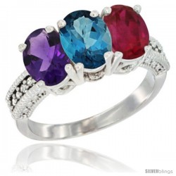 10K White Gold Natural Amethyst, London Blue Topaz & Ruby Ring 3-Stone Oval 7x5 mm Diamond Accent