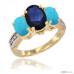 10K Yellow Gold Ladies 3-Stone Oval Natural Blue Sapphire Ring with Turquoise Sides Diamond Accent