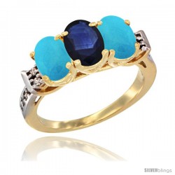 10K Yellow Gold Natural Blue Sapphire & Turquoise Sides Ring 3-Stone Oval 7x5 mm Diamond Accent