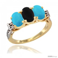 10K Yellow Gold Natural Black Onyx & Turquoise Sides Ring 3-Stone Oval 7x5 mm Diamond Accent