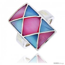 Sterling Silver Crisscross Design Rectangular Shell Ring, w/Pink & Blue Mother of Pearl Inlay, 1" (25 mm) wide