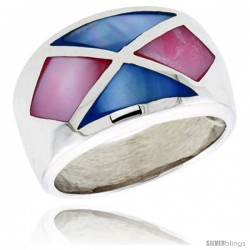 Sterling Silver Crisscross Design Dome Shell Ring, w/Pink & Blue Mother of Pearl Inlay, 9/16" (14 mm) wide