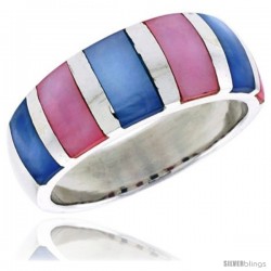 Sterling Silver Striped Dome Shell Ring, w/Pink & White Mother of Pearl Inlay, 3/8" (9 mm) wide