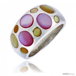 Sterling Silver Bubble Design Dome Shell Ring, w/Colorful Mother of Pearl Inlay, 1/2" (13 mm) wide