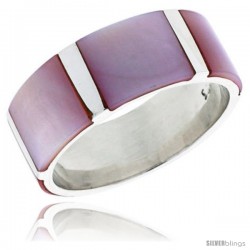 Sterling Silver Flat Band, w/Pink Mother of Pearl Inlay, 3/8" (10 mm) wide