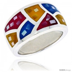 Sterling Silver Dome Band, w/Colorful Mother of Pearl Inlay, 1/2" (13 mm) wide