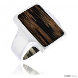 Sterling Silver Rectangular Ring, w/ Ancient Wood Inlay, 7/8" (22 mm) wide