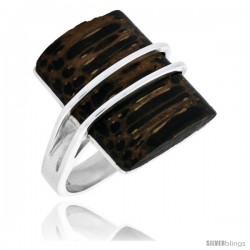 Sterling Silver Rectangular Ring, w/ Ancient Wood Inlay, 15/16" (24 mm) wide