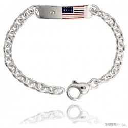 Sterling Silver Heavy 9" Adjustable, American Flag ID Bracelet, 3/8" (10 mm) wide