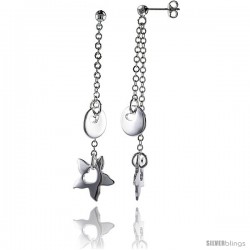 Sterling Silver Heart Cut Outs in Starfish & Round Disc Dangling Earrings, 2 1/4" (57 mm) tall