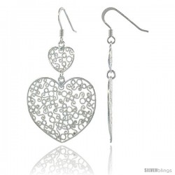 Sterling Silver Double Heart Filigree Dangle Earrings, 2 1/16 in. (53 mm) tall