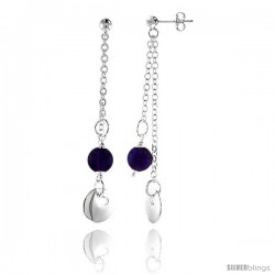 Sterling Silver Heart Cut Out in Round Disc Dangling Earrings, w/ Synthetic Amethyst Bead, 2 7/16" (62 mm) tall