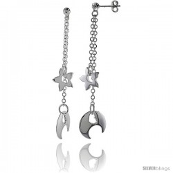 Sterling Silver Heart Cut Outs in Crescent Moon & Star Dangling Earrings, 2" (51 mm) tall