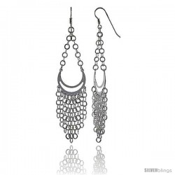 Sterling Silver Pear-shaped Chandelier Fish Hook Dangling Earrings, w/ Rolo-type Chain, 3 1/2" (89 mm) tall