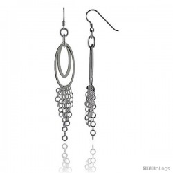 Sterling Silver Double Oval Cut Outs Fish Hook Dangling Earrings, w/ Rolo-type Chain, 3 1/4" (83 mm) tall
