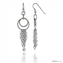 Sterling Silver Double Circle Cut Outs Fish Hook Dangling Earrings, w/ Rolo-type Chain, 3" (76 mm) tall