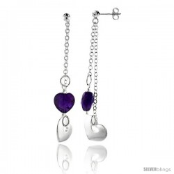 Sterling Silver Heart Dangling Earrings, w/ Heart-shaped Synthetic Amethyst, 1 15/16" (49 mm) tall