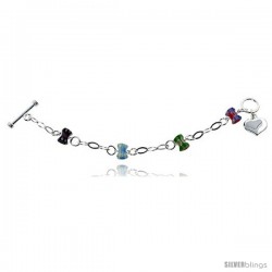 Sterling Silver 8 in Italian Charm Bracelet w/ Venetian Beads Dangle Heart and Toggle Clasp, 7/16" (11 mm) wide