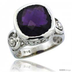 Sterling Silver Bali Inspired Square Filigree Ring w/ 11mm Cushion Cut Natural Amethyst Stone, 9/16 in. (14 mm) wide