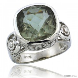 Sterling Silver Bali Inspired Square Filigree Ring w/ 11mm Cushion Cut Natural Green Amethyst Stone, 9/16 in. (14 mm) wide