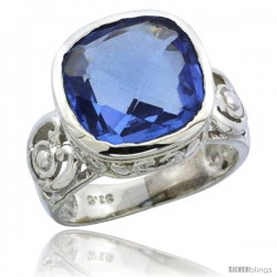 Sterling Silver Bali Inspired Square Filigree Ring w/ 11mm Cushion Cut Natural Blue Topaz Stone, 9/16 in. (14 mm) wide