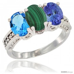 14K White Gold Natural Swiss Blue Topaz, Malachite & Tanzanite Ring 3-Stone 7x5 mm Oval Diamond Accent